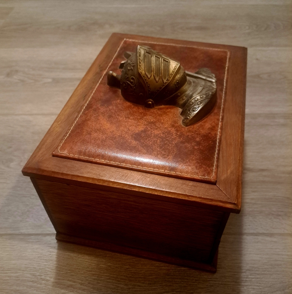 Vintage,Wooden, Leather Box with Knight Helmet, Filled with unopened mini games